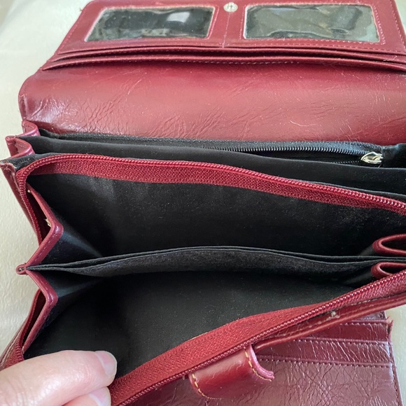 Via Roma Vintage Wallet Zippered Clutch Burgundy Snap Pockets Compartments - Picture 8 of 15